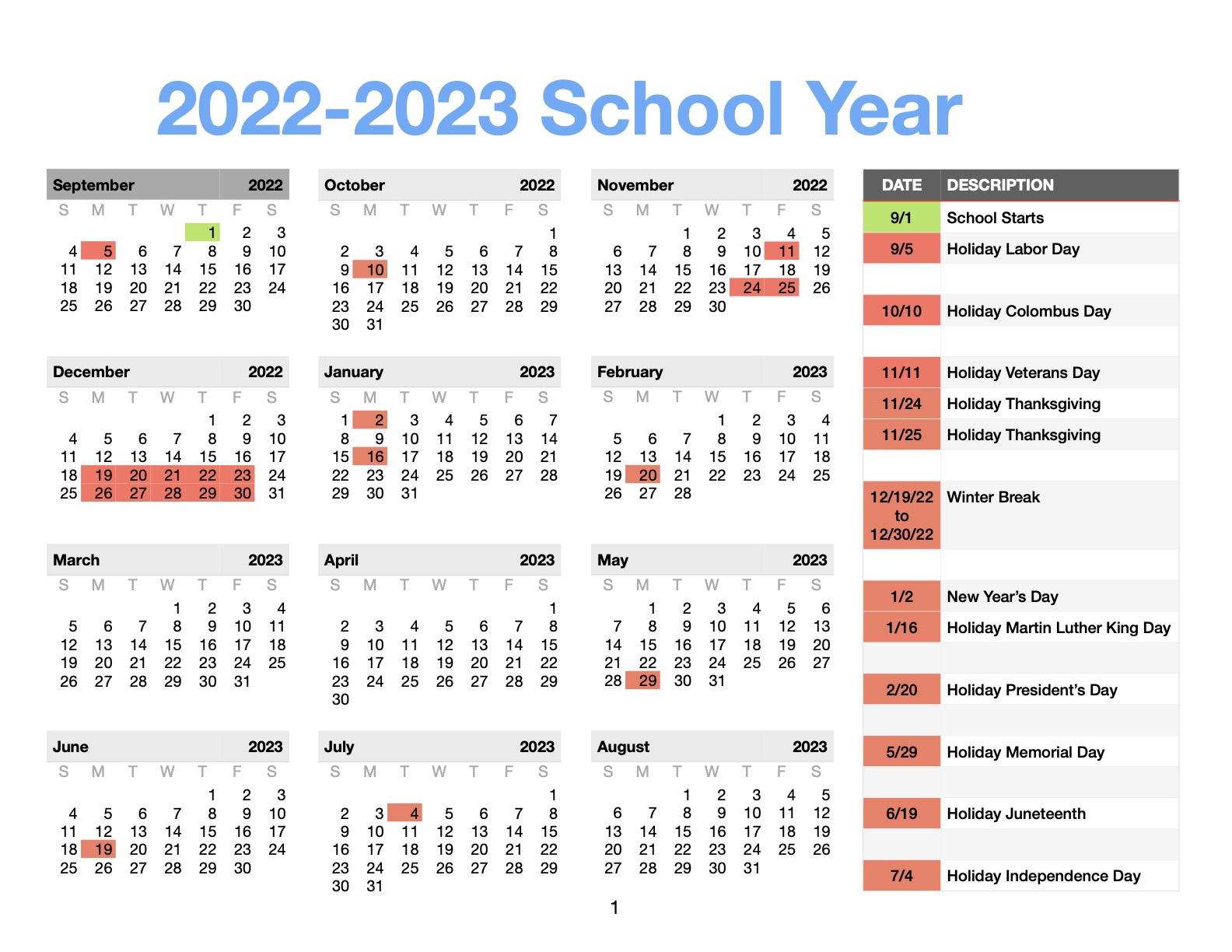 Pre-School Calendar